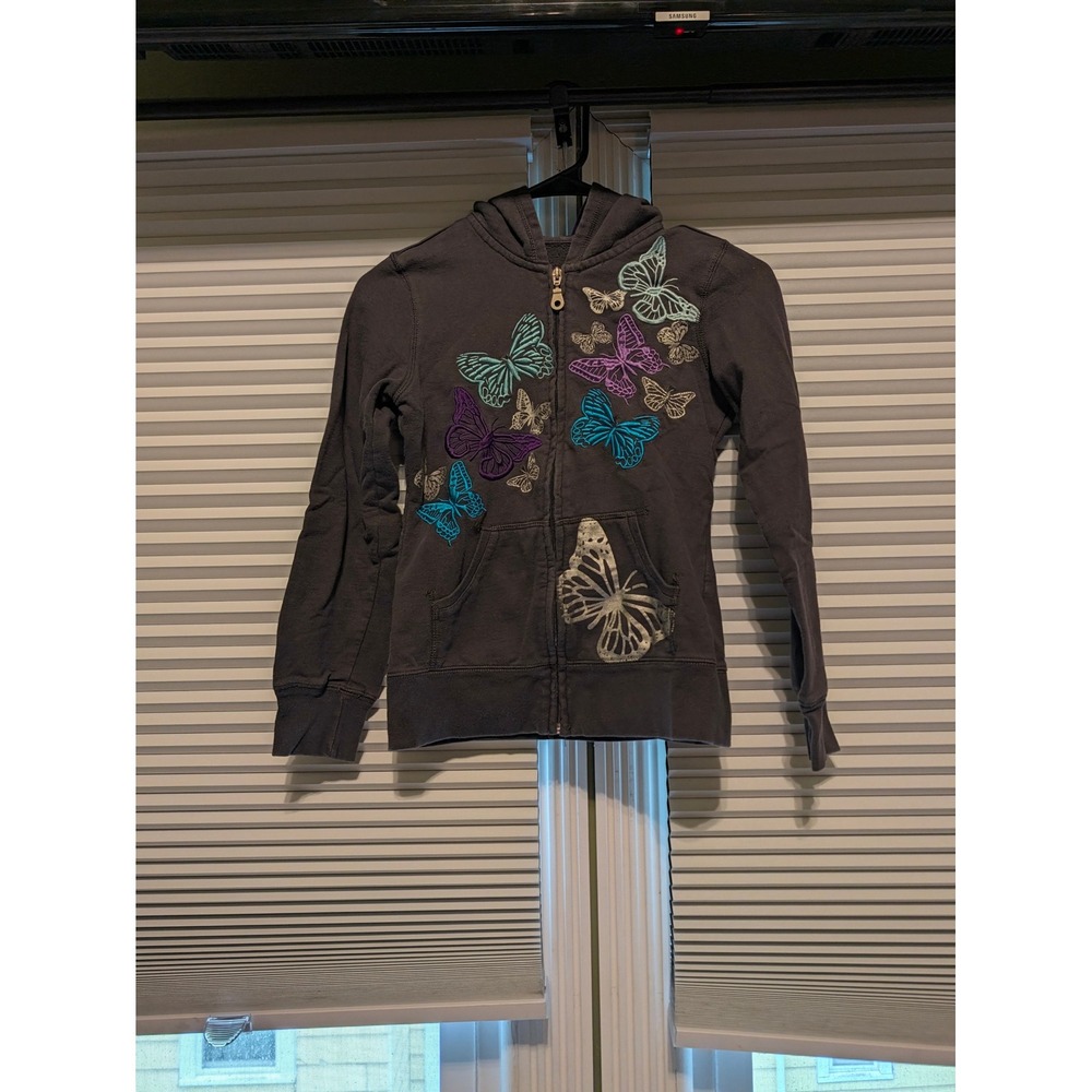 Green Soda Girls Butterfly Zip Up Hoodie Charcoal Gray Embroidered Size L 10-12